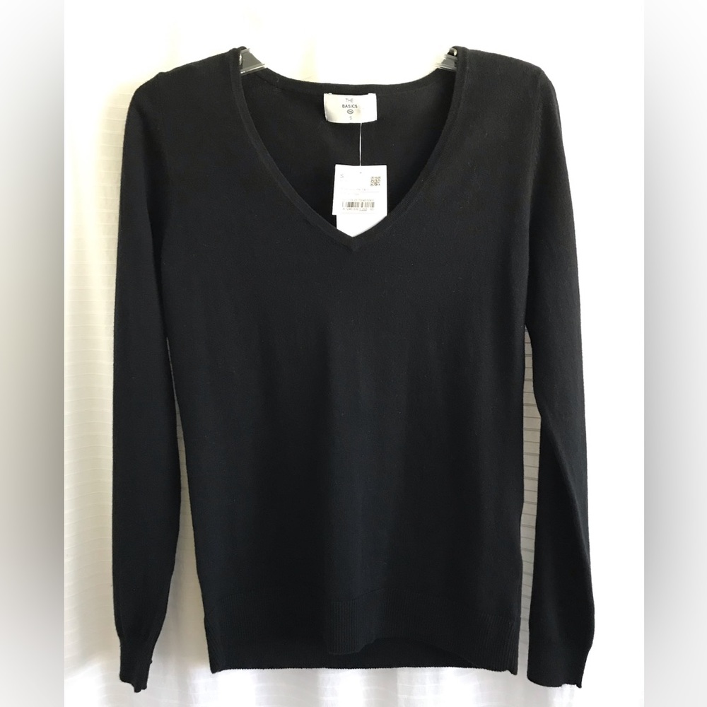 C&A The Basics Black V-Neck Long Sleeve Cotton Blend Sweater Top Size S NWT